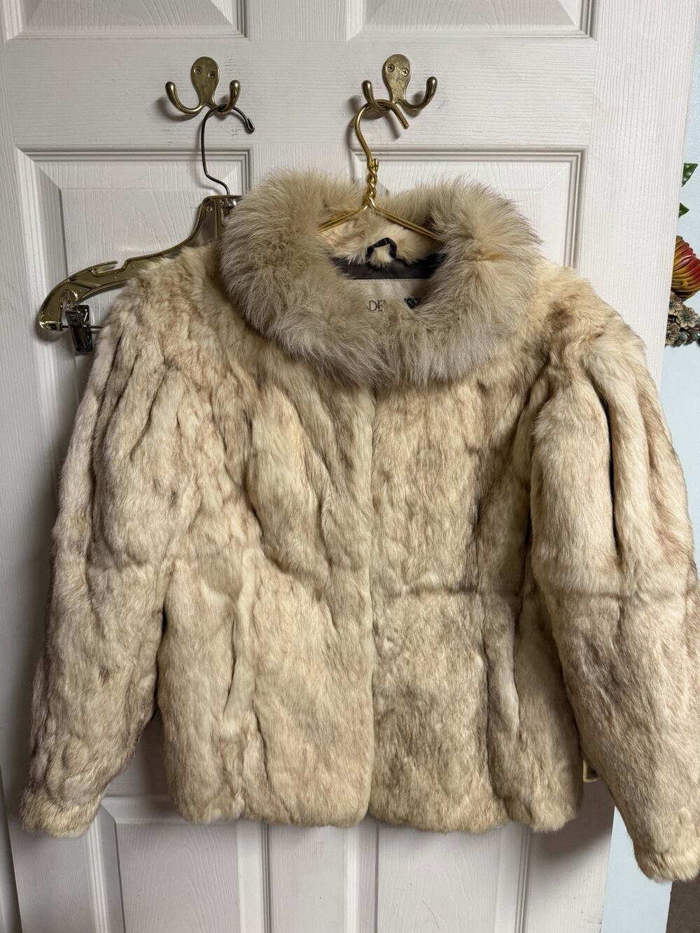 80s 70s Mademoiselle Rabbit Fur Jacket Coat Tan Trim Med 44w 24L Lux Soft Beige